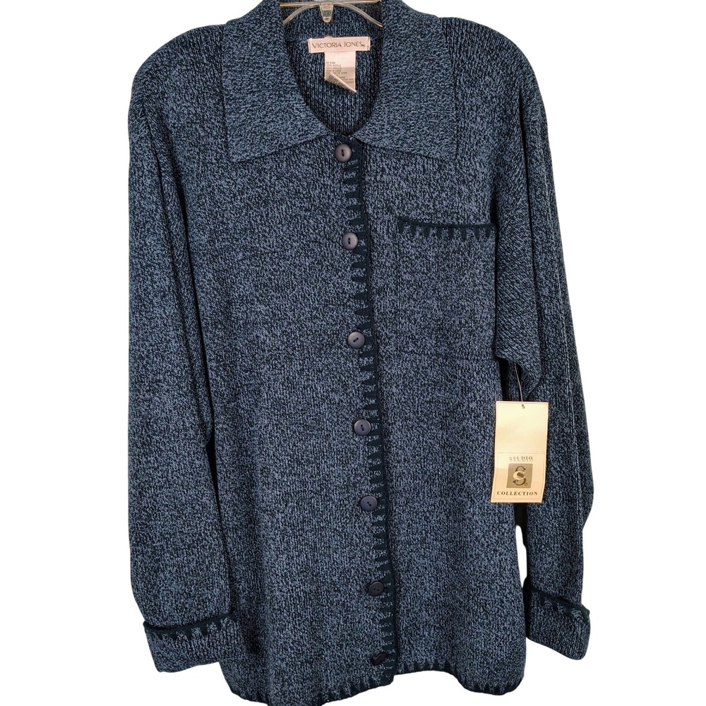 NWT Victoria Jones Womens XL Cardigan Blue Marled Knit Grandmacore Cozy Sweater